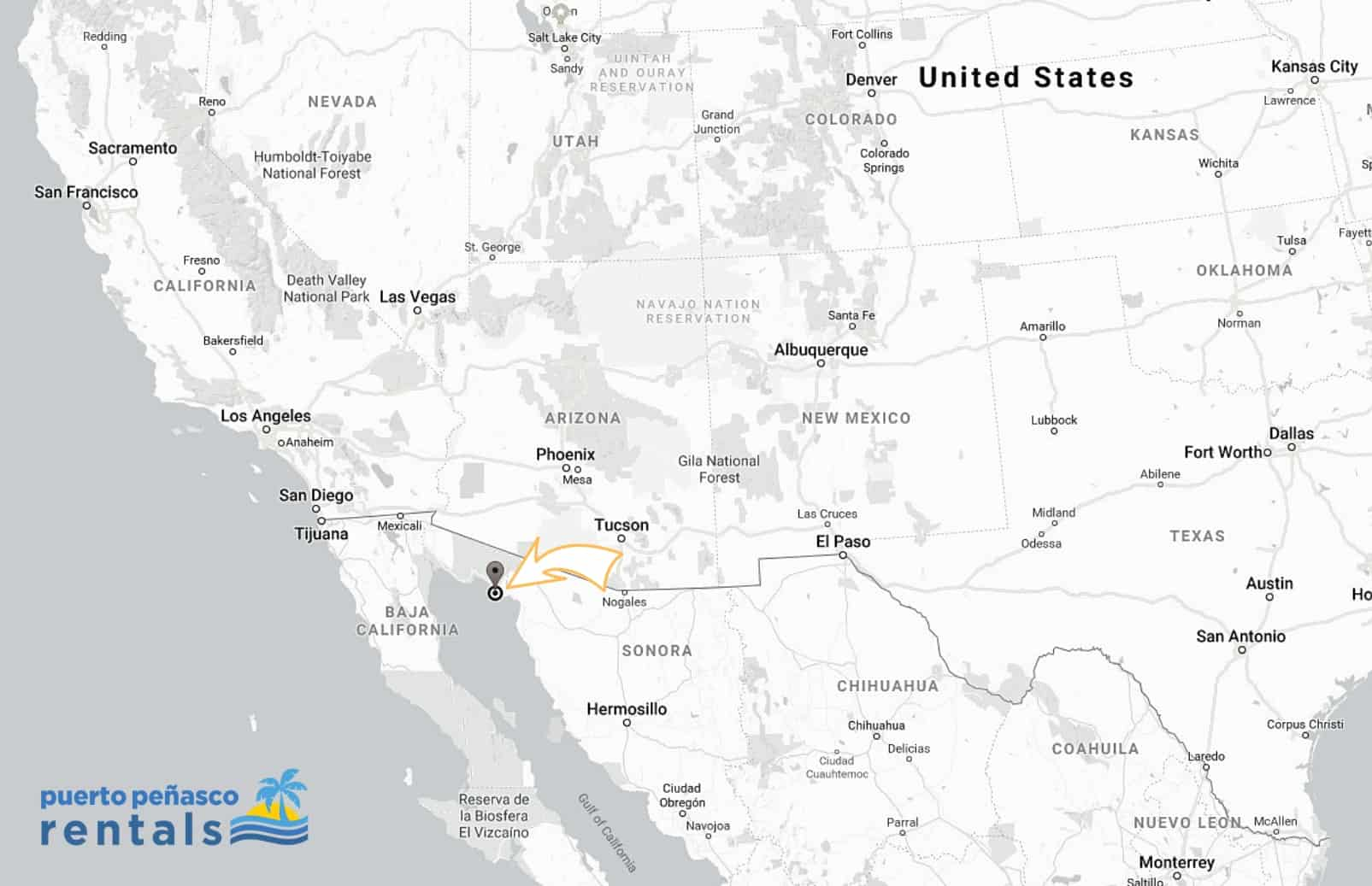 Map showing Puerto Peñasco on the Sea of Cortez in relation to Arizona, California, and the southwestern United States